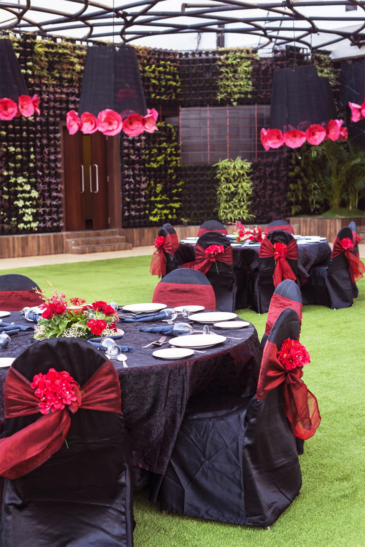 Elegant banquet hall with formal dining setup